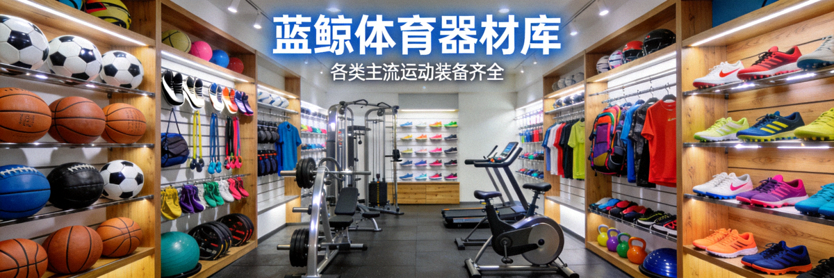 蓝鲸体育器材库全景横幅 - 展示各类主流运动装备，包括足球、篮球、跑步鞋、健身器械等