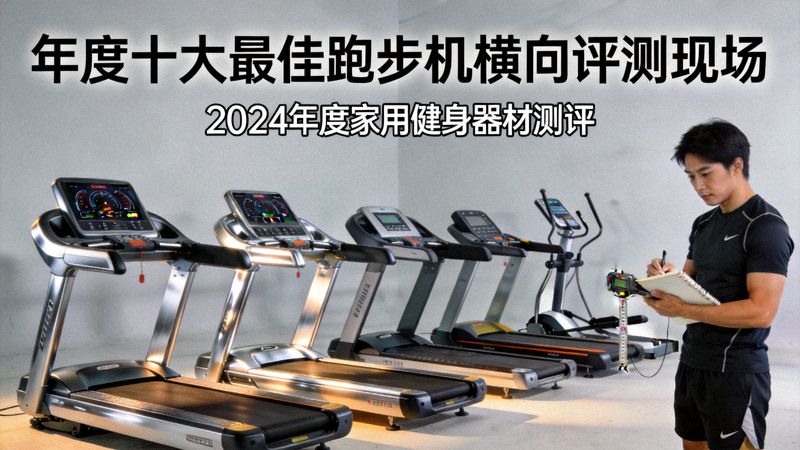 年度十大最佳跑步机横向评测现场 - 多款高端家用跑步机并列展示，测试员正在进行数据记录