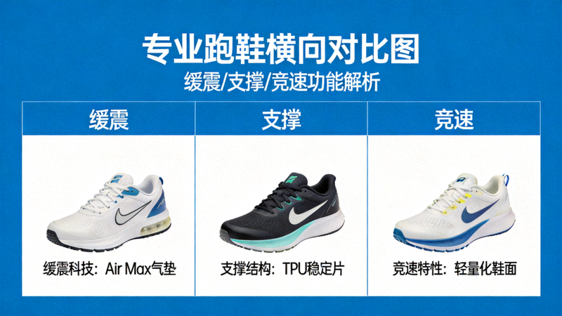 多款专业跑鞋横向对比图 - 展示缓震、支撑、竞速等不同功能的跑鞋